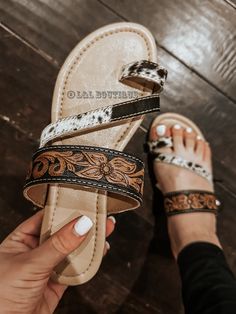 Greta Cowhide Leather Sandals – L&L Boutique Western Sandals Cowgirl, Western Sandals Outfit, Summer Outfits Sandals, Cowhide Sandals, Western Heels, Western Sandals, Western Summer, Western Stuff