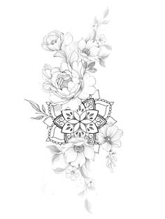 a black and white drawing of flowers on a white background