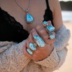 Stunnning Absolutely one of a kind Tribal Style Dominican Larimar, Pectolite or "Dolphin Stone" Ring set in gorgeous 92.5% Sterling Silver Setting.  Size 9 US  Height of face of stone - 48mm Width " " " - 22mm   Larimar is the embodiment of the tranquil Sea and Sky energies. Its soft, soothing blues and calming turquoise is streaked with white patterns that resemble sunlight dancing beneath Caribbean waters. It brings the ancient wisdom of Atlantis and the healing power of dolphins to harmonize Larimar Ring, Larimar Rings, Larimar Jewelry, Emotional Body, Water Element, Healing Power, Ancient Wisdom, Jewelry Inspo, Divine Feminine