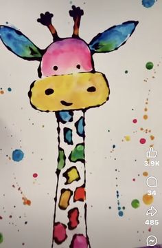 a drawing of a giraffe with colorful spots on it's face