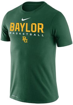 Keep cool while showing your Baylor Bears spirit in this Green Hook T Shirt. This Short Sleeve is the perfect Tee for working out, heading to class, or cheering on the Bears. Featuring a screen printed Baylor with basketball and team logo beneath, there's no mistaking your Baylor Bears pride in this Bears Hook T Shirt! Dri-FIT fabric, Self-fabric neckband, Rib crew neck with interior taping, Streamlined athletic fit, Swoosh trademark screen-printed on the left chest, Screen print graphic, Dri-FI Green Tops With Logo For Sports Events, Green Tops With Logo Print For Sports Events, Dri-fit T-shirt With Letter Print For Sports Season, Green Relaxed Fit Tops For Sports Events, Sports Season Dri-fit T-shirt With Letter Print, Casual Dri-fit T-shirt For Sports Season, Casual Dri-fit T-shirt For Sports Events, Cotton Sportswear T-shirt For College, Dri-fit Team Spirit T-shirt With Crew Neck