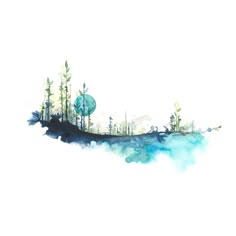 an artistic watercolor painting with trees and blue balls