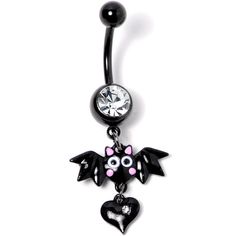 Clear Gem Black Heart Vampire Bat Halloween Dangle Belly Ring If you're ready to get into the spirit of Halloween then you will love this 14 gauge navel jewelry with scary style! Made with a 3/8" black plated over 316L surgical grade stainless steel curved barbell, this navel ring features a clear bottom gem with a bashful black bat dangle charm and a heart dangle charm set with a clear gem that is perfect for trick or treating or a gothic ball.Specifications14 Gauge (1.6mm), 3/8" (10mm), Black Heart-shaped Metal Jewelry For Halloween, Halloween Heart-shaped Metal Jewelry, Black Novelty Jewelry For Valentine's Day, Emo Metal Jewelry For Halloween, Gothic Black Dangle Body Jewelry, Halloween Black Jewelry With Charms, Black Halloween Jewelry With Charms, Emo Pierced Jewelry For Halloween, Black Metal Dangle Body Jewelry