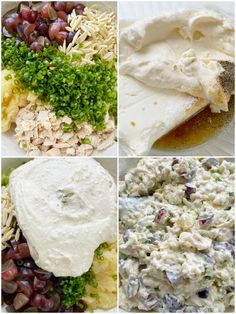 four pictures show different types of food including grapes, chicken salad and mashed potatoes