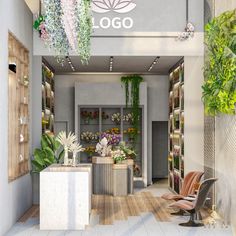 an artist's rendering of a flower shop with flowers hanging from the ceiling and shelves