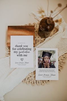 a graduation thank you card and photo on a doily next to an envelope with the words, thank you for celebrating my graduate with me