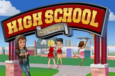 an animated image of the entrance to high school story, with people walking around it