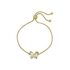 The timeless look is given an on-trend update with this chic bracelet. Adjustable to fit a wide range of wrist sizes. Its sleek butterfly design is perfect for any taste. Can be worn solo or stacked with other bracelets for a boho look..Genuine butterfly shape crystal stones and round cubic zirconia, total carat weight of crystal- 0.69, total carat weight of cubic zirconia- 0.69.Set in 14k gold plated or fine silver plated brass metal.Approximate bracelet circumference- 11'.Bead slide closure.Th Macys Jewelry, Chic Bracelet, Crystal Butterfly, Bracelet Online, Crystal Stones, Butterfly Shape, Boho Look, Butterfly Design, Brass Metal