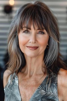 Hair For Women Over 50 With Bangs, Medium Length Hair With Bangs Round Face, Curved Bangs Medium Hair, Beachy Waves With Bangs, Long Hair With Bangs Over 50, French Twist With Bangs, Long Hairstyles With Bangs Over 40, Bangs After 50, Medium Layered Hair With Side Bangs