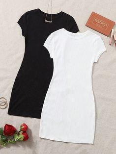 Black and White Casual Collar Cap Sleeve  Plain Bodycon Embellished Slight Stretch Summer Women Plus Clothing Knit Fabric Dress, Cute Dress Outfits, Ribbed Knit Dress, Slim Fit Dresses, Short Sleeve Mini Dress, Simple Trendy Outfits, Really Cute Outfits, Cute Simple Outfits, Teenage Fashion Outfits