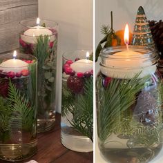 two pictures side by side, one with candles and the other with pine cones in it