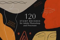 the cover of 120 stamp brushes for adobe photoshop is shown in black and orange