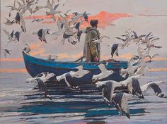 a painting of a man in a boat surrounded by seagulls