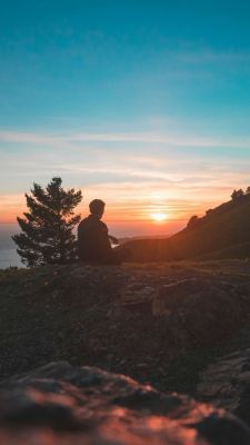 a person sitting on top of a hill next to a tree at sunset with the sun setting behind them