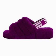 UGG | Women's Fluff Yeah Slide – Tops And Bottoms USA Juicy Slippers, Ugg Slippers Fluff Yeah, Fluffy Ugg Slides, Lavender Ugg Slides, Ugg Fluff Yeah Slides, Ugg Slides, Pleaser Heels, Ugg Style, Heels Aesthetic