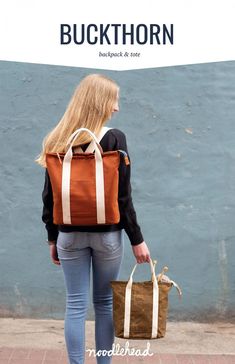 a woman walking down the street with a brown bag on her back and text overlay that reads, buckhorn backpack & tote