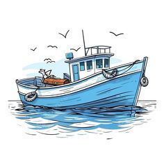 a drawing of a blue boat in the water with seagulls flying around it