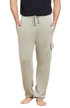 Whether you're working from home or doing nothing at all, you'll love these soft and roomy cotton joggers with a sunfaded look and cargo pocket. 27 1/2" inseam; 5 1/2" leg opening; 12 1/2" front rise; 17" back rise Elastic/drawstring waist Side-seam pockets; cargo flap-patch pocket Ribbed cuffs 100% cotton Machine wash, tumble dry Imported Relaxed Fit Joggers With Pockets For Lounging, Comfortable Relaxed Fit Joggers With Side Pockets, Comfortable Joggers With Side Pockets In Relaxed Fit, Relaxed Fit Cargo Pants With Elastic Waistband For Loungewear, Comfortable Soft-washed Bottoms For Leisure, Casual Bottoms With Pockets For Relaxation, Casual Pants With Pockets For Relaxation, Comfortable Sweatpants With Pockets For Relaxation, Relaxed Joggers With Pockets For Leisure