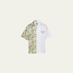 Prada button-down shirt with contrasting solid and floral-print panels Bowling collar Mother-of-pearl buttons Chest patch pocket Triangle logo print at chest Short sleeves Cotton Made in Italy Bowling Shirt, Bowling Shirts, Triangle Logo, Prada Men, Mother Of Pearl Buttons, Pearl Buttons, Bowling, Sleeve Cotton, Logo Print