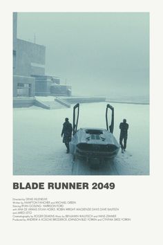 an advertisement for blade runner, with two men standing next to the boat in the snow