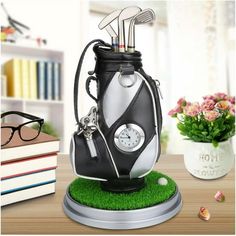 a golf bag with glasses on top of it