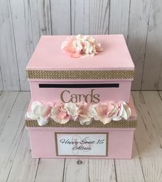 a pink box with flowers on the lid