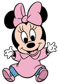 a cartoon minnie mouse with a pink bow on her head and legs, sitting in front of