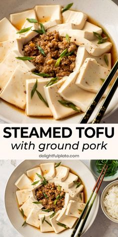 steamed tofu with ground pork in a white bowl and chopsticks on the side