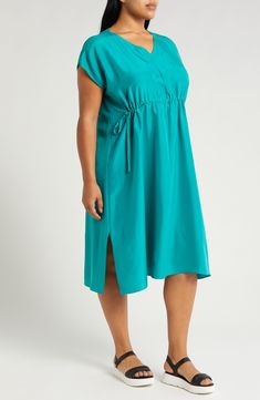 Elevate your day-to-night style in this rich silk midi designed with abbreviated dolman sleeves and airy side vents. A shaping drawstring waist completes this irresistible look. 46" length Slips on over head V-neck Short sleeves Drawstring waist Side vents Unlined 100% silk Machine wash, line dry Imported This brand has B Corp certification, representing business practices with emphasis on social and environmental performance, accountability and transparency This brand meets Nordstrom Responsibl Daywear Midi Dress With Drawstring, Midi Length Dress With Drawstring For Daywear, Night Style, Silk Midi Dress, Fashion Night, Nordstrom Store, Fabric Gifts, Free Fabric, Anniversary Sale