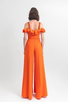 Description Orange Top & Pants, Long dress Fitted, Short Sleeves Off shoulder Crepe Dry Clean Evening Dress Made in Lebanon LPS23 6992T + LPS23 6939P + LPS23 6934B Long Dress Fitted, Marchesa Couture, Solid Color Outfits, Midi Dress Style, Ruffled Top, Dress Fitted, Long Midi Dress, Orange Top, Wide Pants