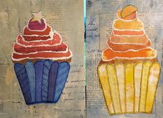 two paintings of cupcakes with orange and blue icing on them, one has an orange slice