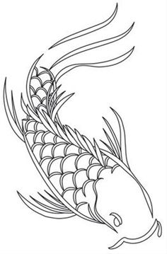 a black and white drawing of a koi fish with long, wavy tail tails