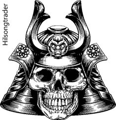 a skull wearing a helmet with horns on it's head and two skulls in the middle