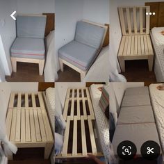 there are four different pictures of the same chair and bed with mattresses on it