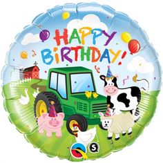 a green tractor birthday balloon with farm animals