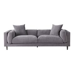 a gray couch with two pillows on the back and one arm folded out to show it's shape