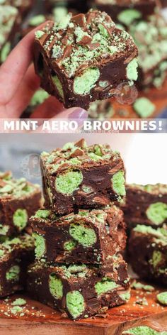 chocolate mint brownies are stacked on top of each other with green sprinkles