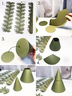 the steps to make a paper cone vase with leaves and foliage on it is shown