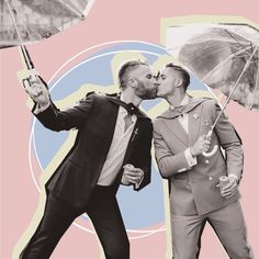 two men in suits kissing under umbrellas on a pink and blue background with circles