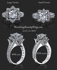 three different views of an engagement ring with diamonds on each side and in the middle