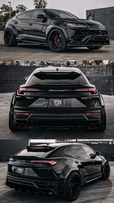 the rear and side view of a black sports car in three different views, one with red