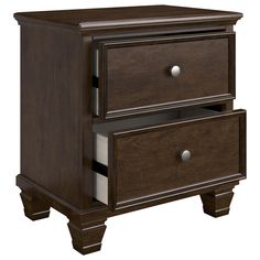 a dark wood nightstand with two drawers on one side and an open drawer on the other