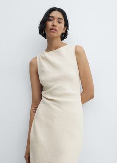 Draped dress with slit - Women | Mango USA Mango Outlet, Draped Dress, Textured Fabric, Wide Straps, Jumpsuit Dress, Dress Shoes, Mango, Zipper, Design