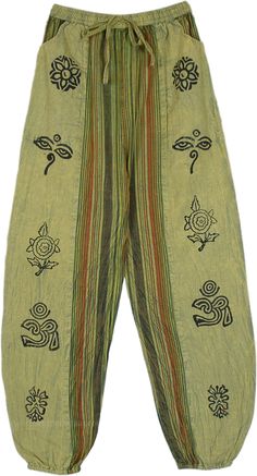 A boho chic style yoga pants with block print on light pistachio green on sides and striped inners - with pockets, flexible drawstring, elastic waistband, and elastic ankle cuffs.  The cotton pants have floral and spiritual symbol stamps printed on them that look very unique. #tlb #SplitSkirtsPants #Stonewash #bohemianfashion #HaremPants #BlockPrint Traditional Green Bottoms For Spring, Green Bohemian Bottoms With Relaxed Fit, Green Cotton Harem Pants For Yoga, Spring Green Yoga Pants With Elastic Waistband, Green Yoga Pants With Elastic Waistband For Spring, Green Harem Pants With Elastic Waistband For Festival, Green Bohemian Yoga Pants, Green Hippie Yoga Pants, Bohemian Green Wide Leg Yoga Pants