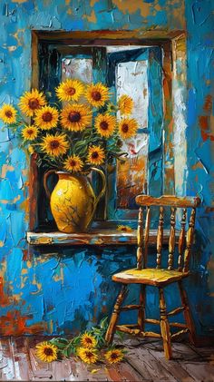 a painting of sunflowers in a vase on a window sill next to a chair