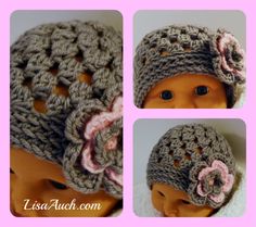 the crocheted hat has flowers on it