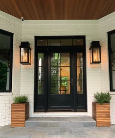 two planters with plants on each side of the front door, and one is black