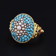 Turquoise & Pearl Dome Ring | Antique Conversion Ring Colorful Ring, Victorian Brooch, Jewelry Post, Dome Ring, Silver Tops, Domed Ring, Color Ring, Antique Shops, Antique Rings