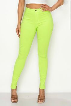 Soft, super stretchy, easy to wear, 2 pocket high waist jeans. 76% Cotton, 20% Polyester, 4% Spandex (Amazing stretch) **Match great with the Madison Top** Trendy Neon Stretch Bottoms, Sporty Neon Stretch Bottoms, Sporty Neon Yellow High-top Sneakers, Neon Yellow Thigh High Boots, Green Non-stretch Denim Pants, Graphic Top, Neon Green, Vintage Graphics, High Jeans