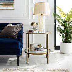 a living room scene with focus on the end table and chair, which has a plant next to it